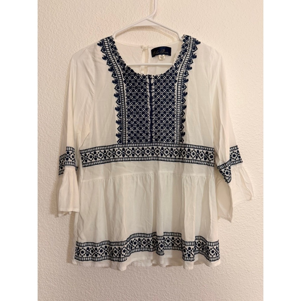 Embroidered Peplum Bell Sleeve Blouse White Top M Cottagecore Prairie Feminine
